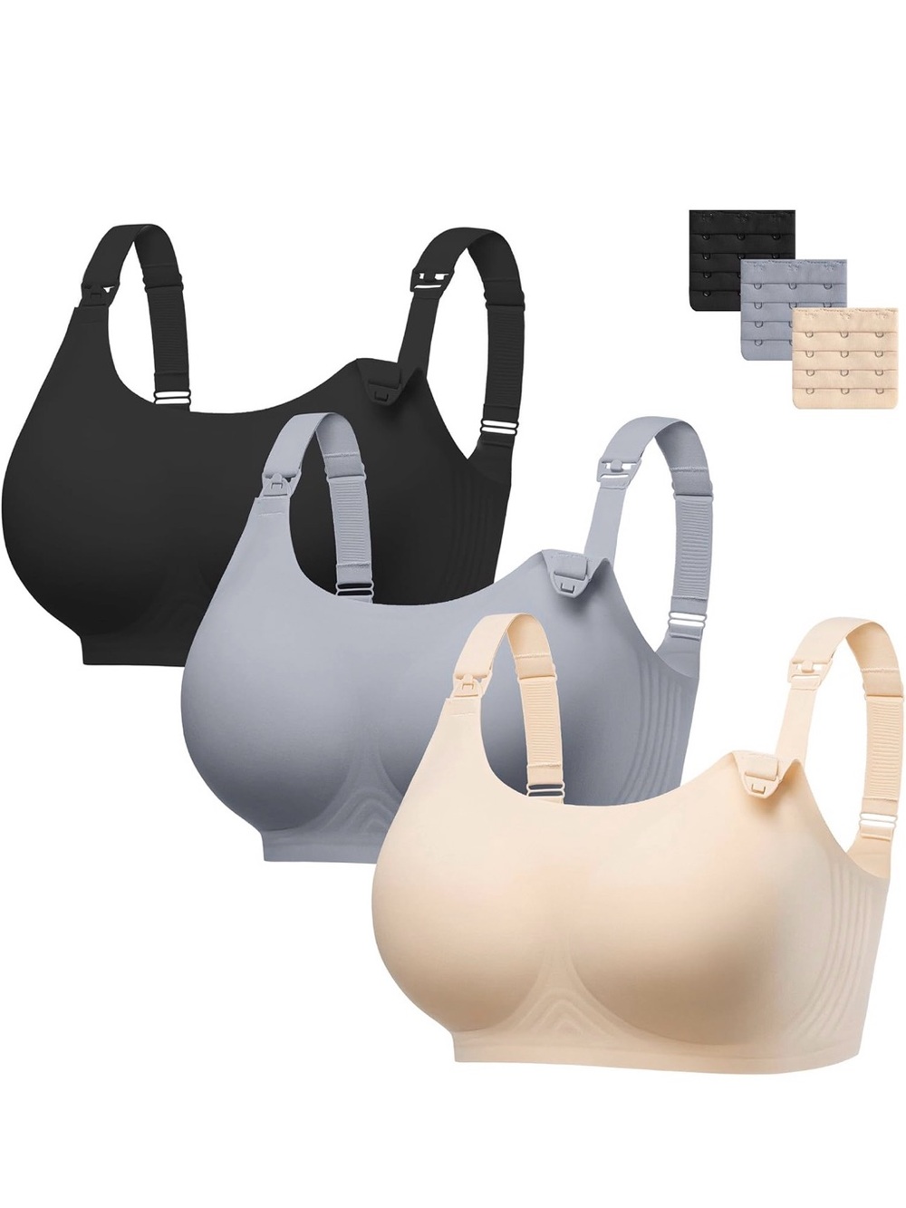 Amazon Wireless Seamless Nursing Bras - Black, Gray, Beige - 3 Pack